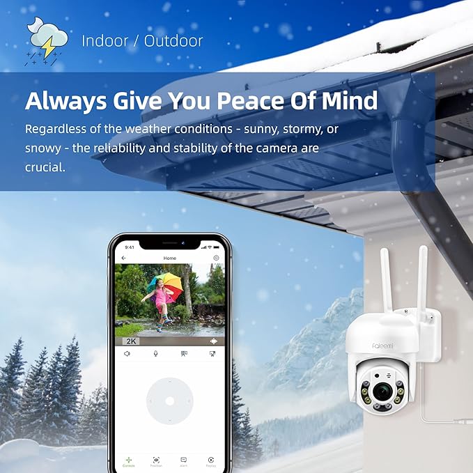 faleemi 2K WiFi Security Camera for Home with Cell Phone App Control, Color Night Vision, Ai Motion Detection, Auto Tracking, 2 Way Audio, Waterproof, Local/Cloud Storage, Compatible with Alexa