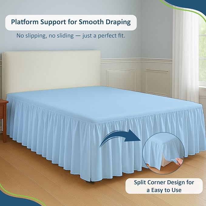 Rajlinen Ruffled Bed Skirt California King, 18 Inch Drop Dust Ruffle with Split Corners, 100% Microfiber Bedskirt with Platform, Three-Sided Coverage Ruffled Gathering Design, Light Blue