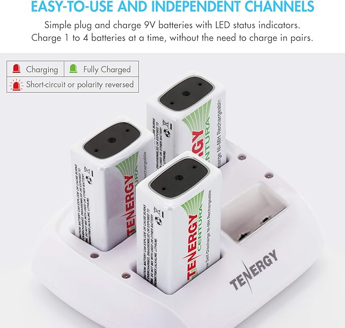 Tenergy TN136 Smart 9V 4-Bay Battery Charger for Rechargeable NiMH 9 Volt Batteries