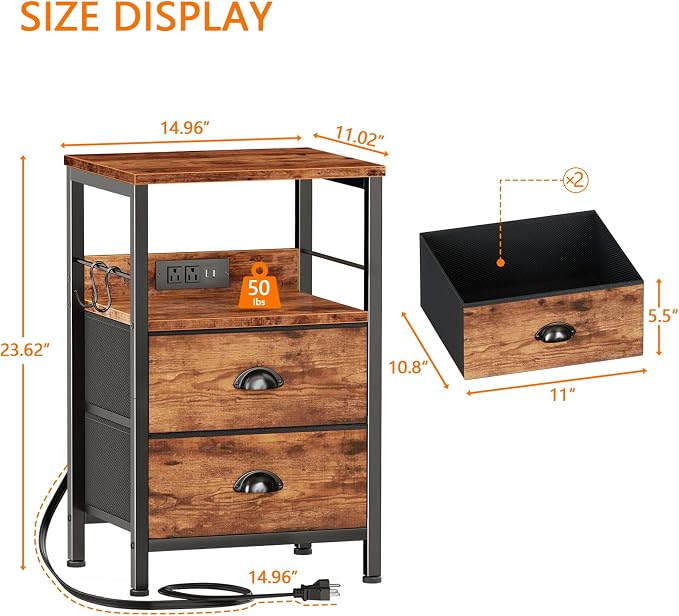 Furologee Nightstand Set of 2, Rustic Brown, - Image 3