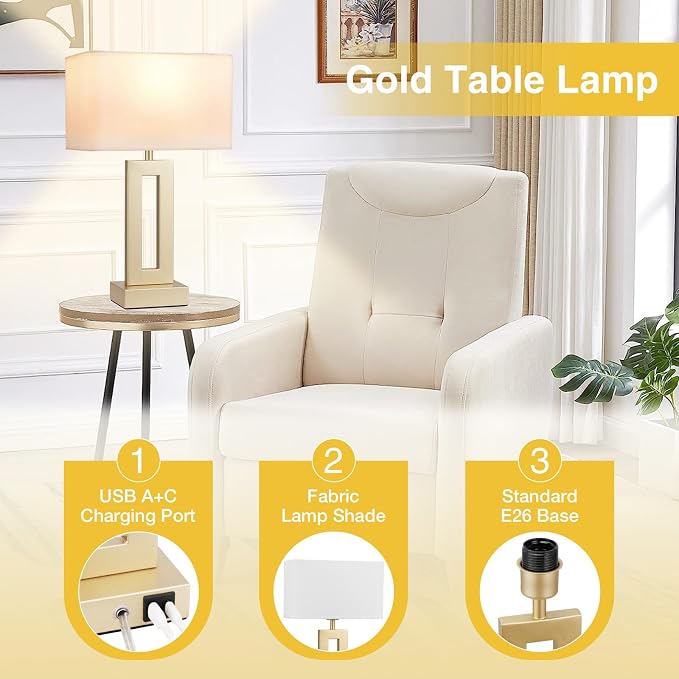 Gold Table Lamps Set of 2, 16.4" Bedside Lamps - Image 4