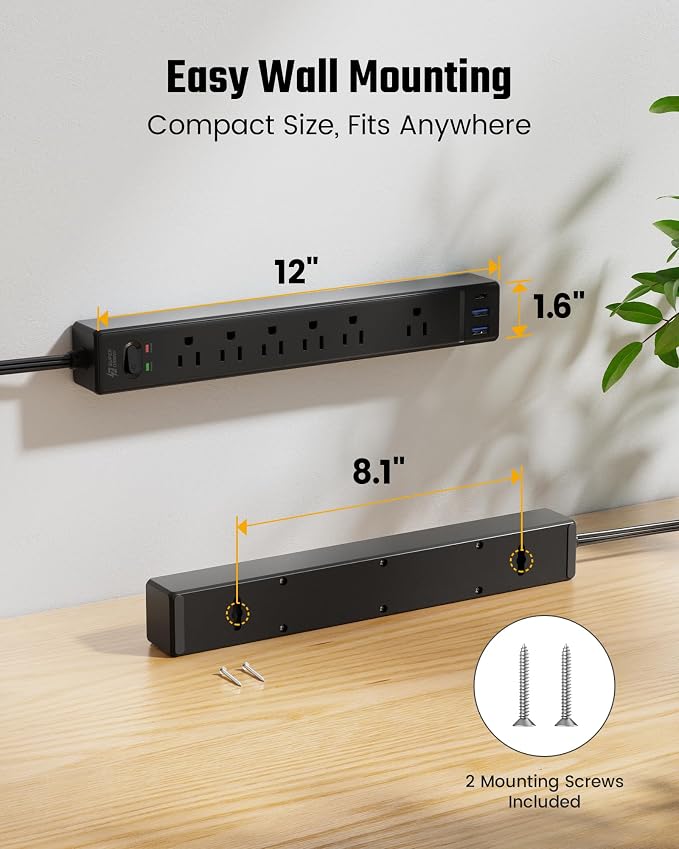 15Ft Long Extension Cord, SUPERDANNY Flat Plug Surge Protector Power Strip | 6 - Image 8