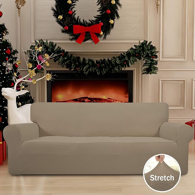 Easy-Going Stretch Sofa Slipcover 1-Piece Sofa Cover Furniture Protector Couch Soft with Elastic Bottom for Kids, Polyester Spandex Jacquard Fabric Small Checks (Sofa, Natural)