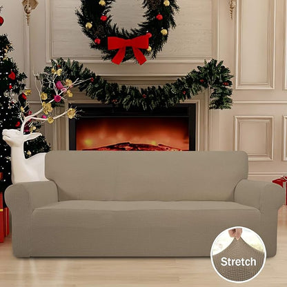 Easy-Going Stretch Sofa Slipcover 1-Piece Sofa Cover Furniture Protector Couch Soft with Elastic Bottom for Kids, Polyester Spandex Jacquard Fabric Small Checks (Sofa, Natural)