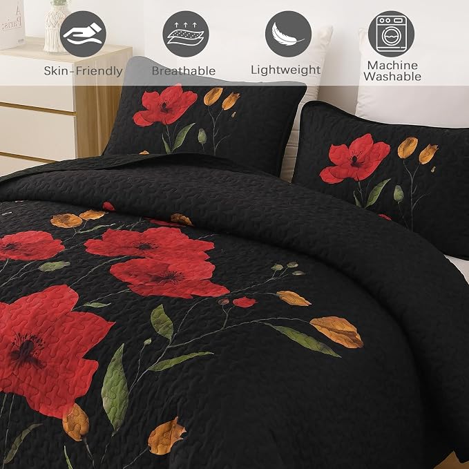 Mybedsoul Floral Quilt Set Queen Size, 3 Pieces Black Bedspread Coverlet Set - Image 4