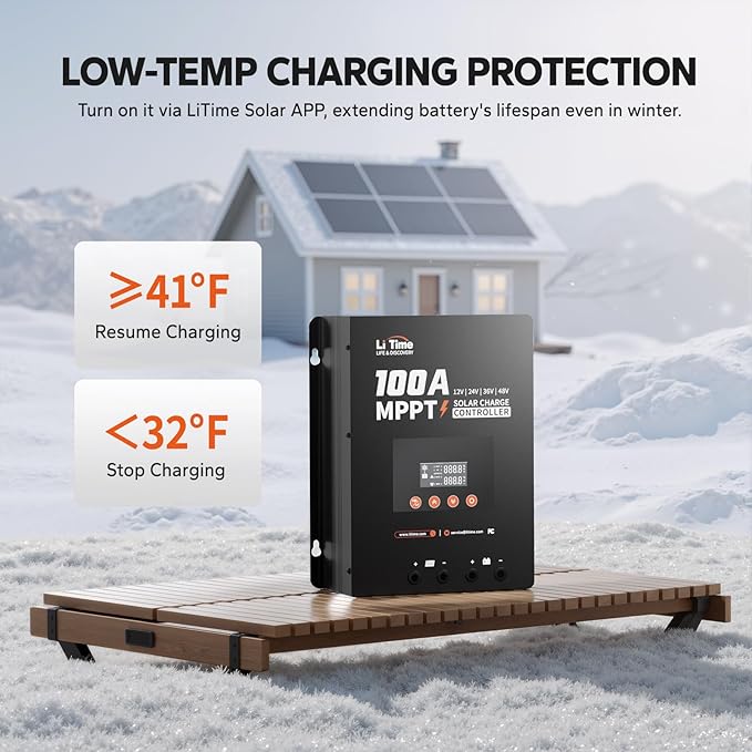 LiTime MPPT Solar Charge Controller (Bluetooth) - Solar Panel Regulator -150V, 100Amp, 12/24/36/48Volt for LiFePO4 and Lead-Acid Battery in Solar System