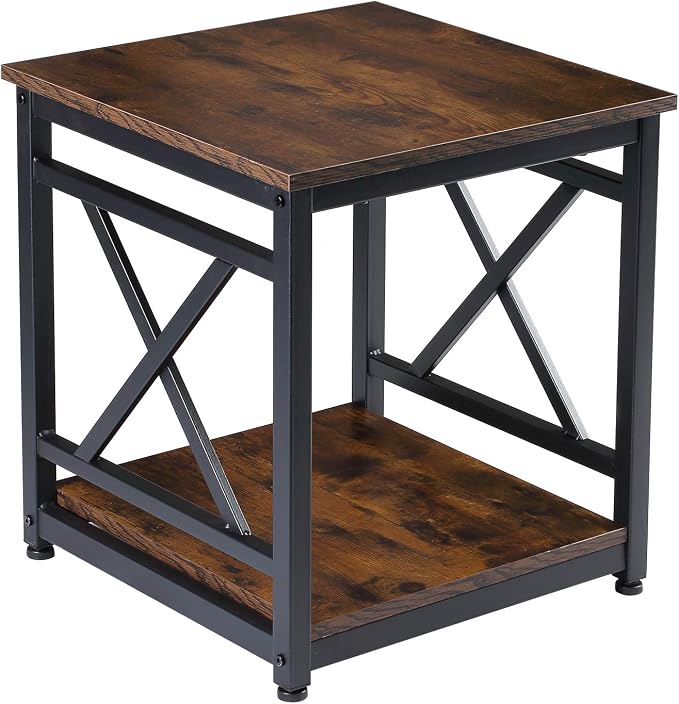 KSWIN Industrial End Table, X-Design Metal Frame, Rustic Brown Nightstand by KSWIN