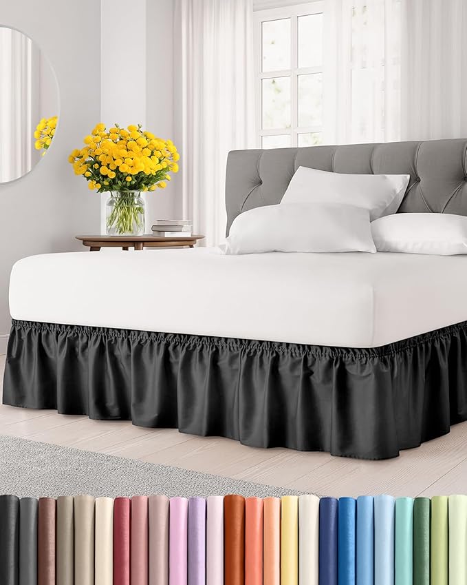 Wrap Around Dust Ruffle Bed Skirt - Black - for Full Size Beds w/ 14 Inch Drop - Easy Fit Elastic Strap - Adjustable Pleated Bedskirt w/Brushed Fabric, Wrinkle & Fade Free Women, Men, Kids & Teens