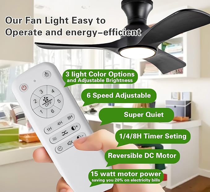 Gaizw 36 Inch Black Ceiling Fans with Lights, Flush Mount Ceiling Fan with Light, Modern Smart Wood Fan Light, 6-Speed Remote Control, Quiet Reversible Motor, Fans for Bedroom Study Room and Garage
