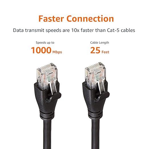 Amazon Basics RJ45 Cat-6 Ethernet Network Cable for Fast Gaming, 1Gbps Transfer Speed, Durable Gold-Plated Connectors, 25 Foot (7.6 Meters), Black