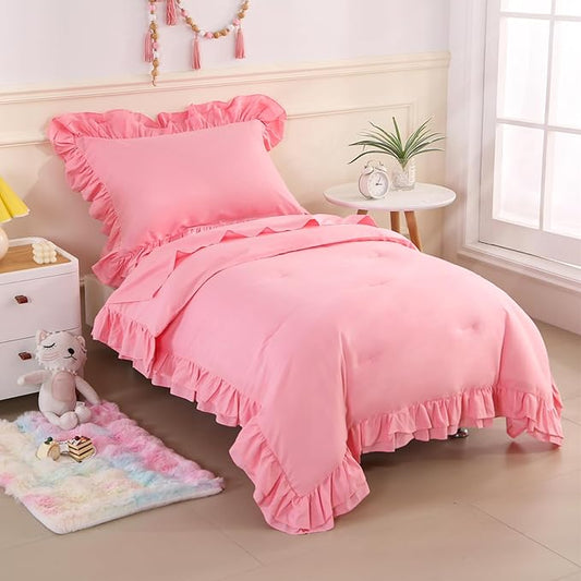 Wowelife Toddler Bedding Set for Girls 4 Piece Ruffle Boho Tufted Fringe Pink Toddler Bed Comforter Sets Jacquard Bed Set Bed in a Bag with Comforter, Flat Sheet, Fitted Sheet, Pillowcase