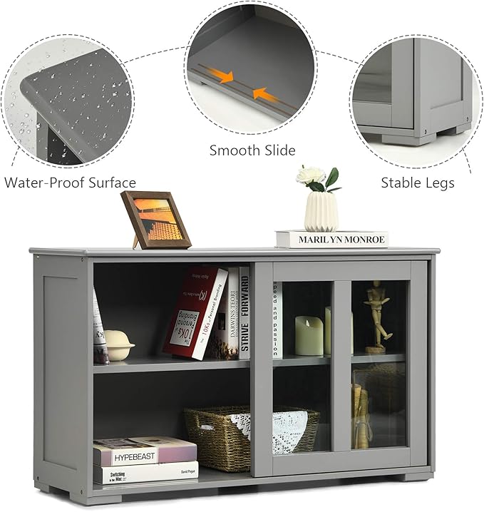 Costzon Sideboard Buffet Cabinet, Wooden Kitchen Storage Cabinet with Adjustable Shelf, Sliding Glass Doors, Accent Coffee Bar Cabinet Console Table for Living Room, Dining Room, Hallway (Grey)