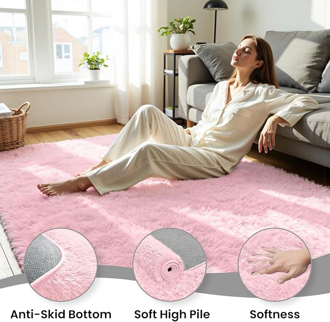 6x9 Fluffy Area Rug for Living Room: Soft Non-Slip Pink Shag Bedroom Carpet | - Image 5