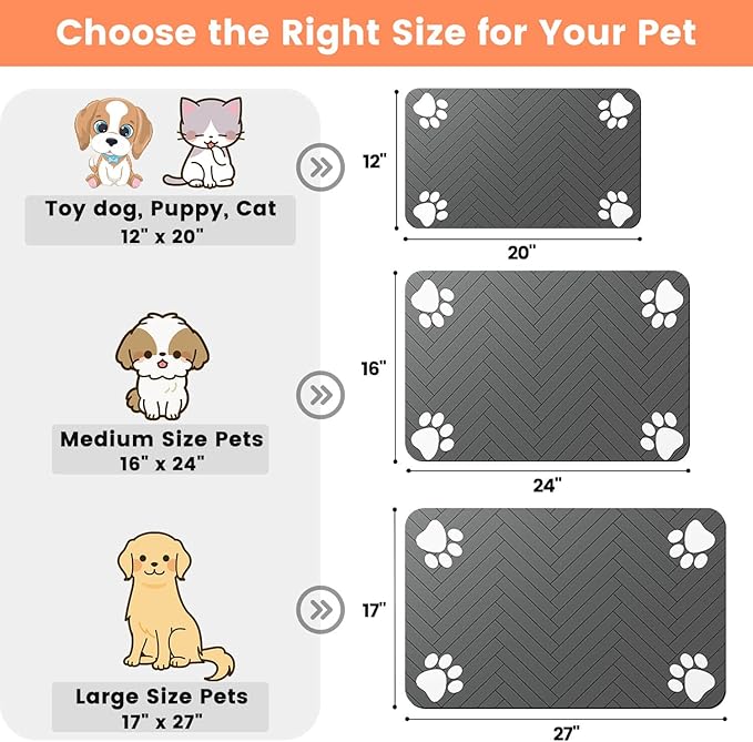 Pet Feeding Mat-Absorbent Pet Placemat for Food and Water Bowl, with Waterproof Rubber Backing, Quick Dry Water Dispenser Mat for Dog and Cat (27"x17", Striped Dark Gray)