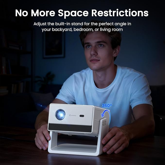 Smart Mini Projector, 1500 ANSI Portable Projector with WiFi and Bluetooth, HAPPRUN 4K Full HD Home Theater with 270° Stand, Dolby Sound, Built-in Apps,Compatible with Phone & PC, Indoor & Outdoor Use