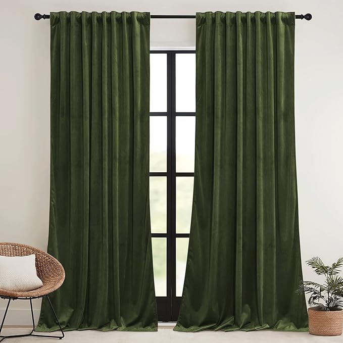 RYB HOME Olive Green Velvet Blackout Curtains 84 inches Long by RYBHOME