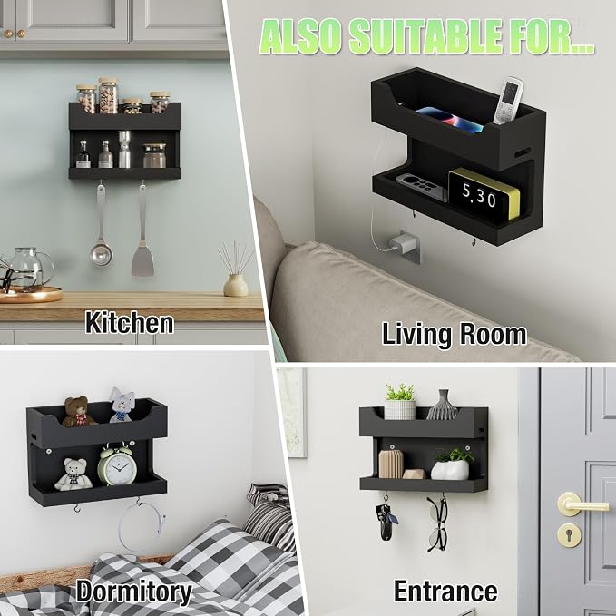 NiHome Bedside Wall Shelf Organizer, Wood 2-Tier Floating Nightstand, Cable - Image 6