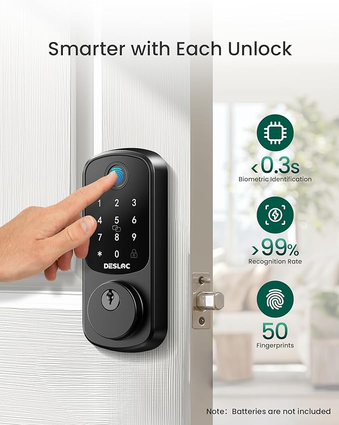 DESLOC Smart Lock B200 WiFi Version, Fingerprint Keyless Entry Door Lock, App Remote Control, Smart Locks for Front Door, WiFi Deadbolt Smart Lock, Emergency Power Port,12 Months Battery, Auto Lock