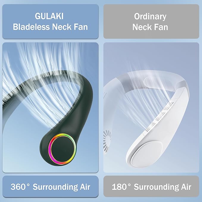 Neck fan, Portable Fan with 5-17H Lifespan, 4000mAh Neck fan air conditioner with 3 Adjustable Speeds and 64 Cool Lights, Rechargeable Neck Fan, Hands-Free Cooling fan for Summer (Dark Green)