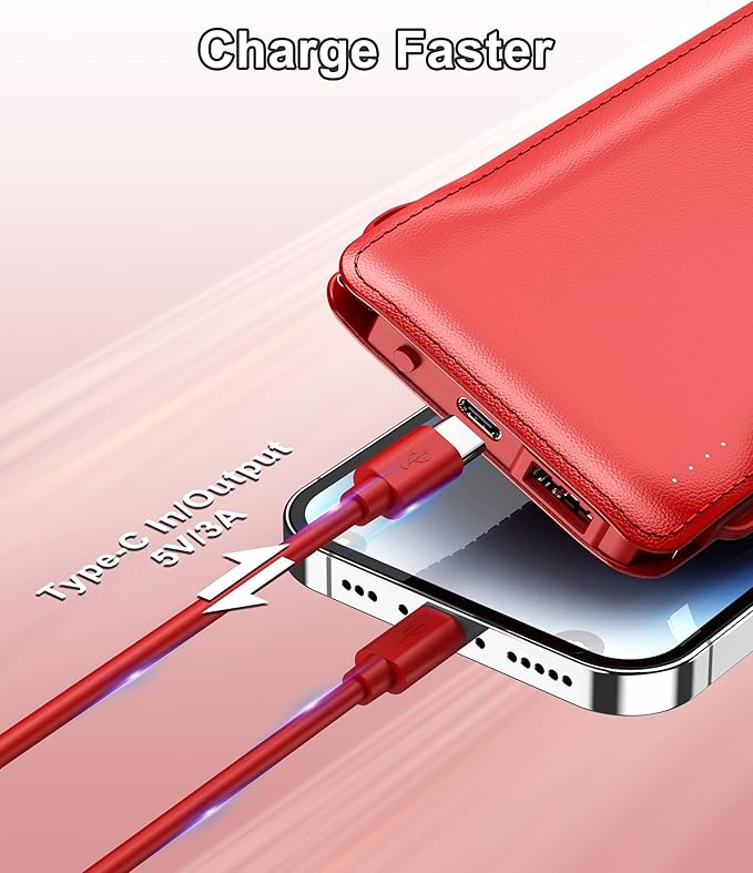 TG90° Portable Charger 10000mah Cell Phone Battery Backup, Ultra Slim Power Bank with Built in Cables(No AC Plug), Portable Phone Charger Battery Packs Compatible with iPhone Android Phones
