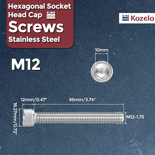 Kozelo 2pcs Socket Head Cap Screws - [M12-1.75 x 95mm] 304 Stainless Steel Allen Socket Drive for Electrical Motor 3D Printing Fan Engine Replacement Use, Silver