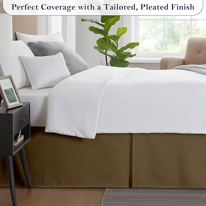 King Bed Skirt, Luxury 16 Inch Drop Taupe Pleated Bed Skirt, Double Brushed Microfiber, Box Pleat Design, Wrinkle & Fade Resistant, Easy Fit Tailored Bedskirt for King Size Beds