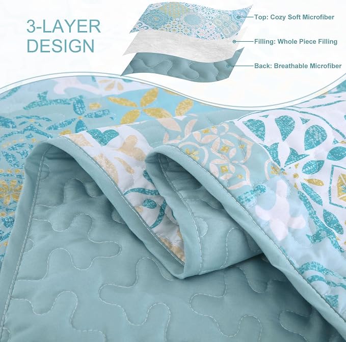 Dobuyly Patchwork Quilt Set King Size, Aqua Blue Boho Summer Bedspreads - Image 6