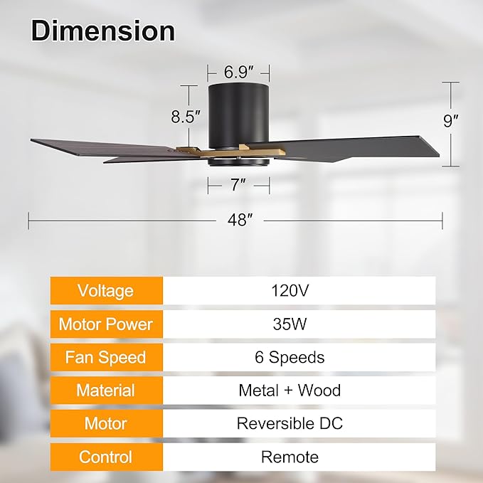 WINGBO 48 Inch Flush Mount Ceiling Fan without Light - 4 Plywood Blades, 6-Speed Reversible DC Motor, Noiseless Low Profile Ceiling Fan No Light for Bedroom Living Room, Gold and Black/Walnut