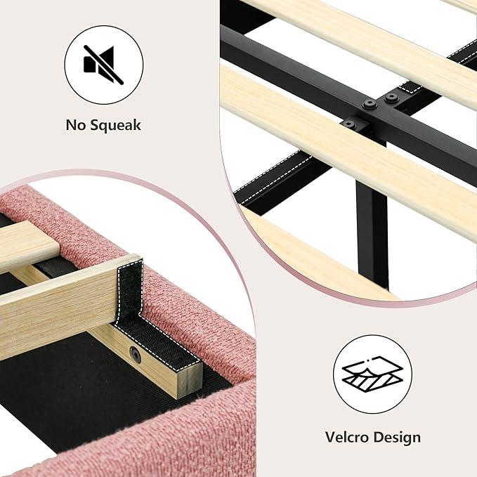 Full Size Bed Frame, Boucle Upholstered Platform Bed Frame with Headboard, Pink Bed Frame, Soft Rounded Corners, No Box Spring Required, Easy Assembly
