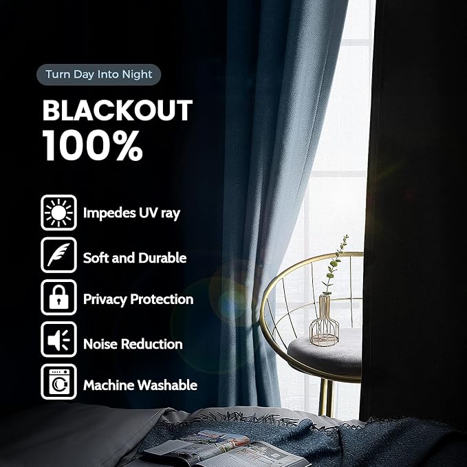 SimpleHome Stone Blue 100% Blackout Curtains Room Darkening Living Room 96L | - Image 3