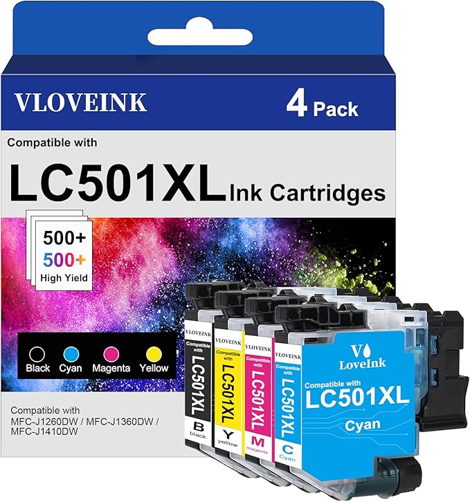 VLOVEINK LC501XL Ink Cartridges Compatible with Brother LC501 LC501XL Ink Cartridges use with Work Smart MFC-J1260DW, MFC-J1360DW and MFC-J1410DW Printer (4 Pack, Black, Cyan, Magenta, Yellow)