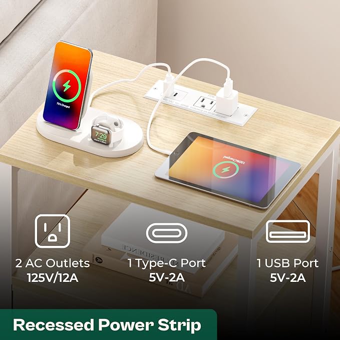 Huuger Nightstand with Charging Station, Side Table with Fabric Drawers | End - Image 4