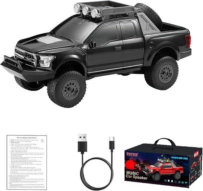 WS-589 Rugged Pickup Truck Bluetooth Replica Speaker – Portable Audio with TWS, LED Party Lights & HD Stereo | Unique Surprise Gift for Music & Truck Lovers (Black)