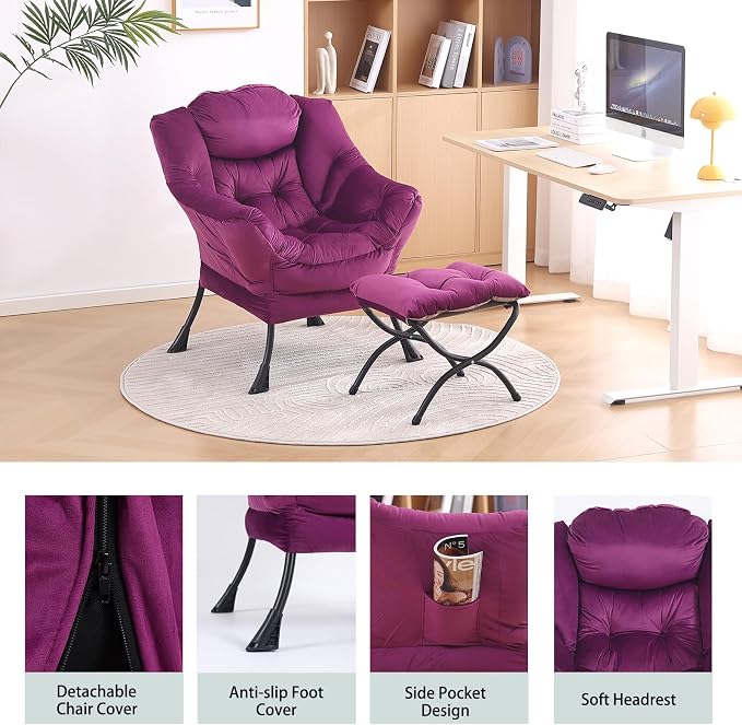 Lazy Chair with Ottoman, Comfy Accent Reading Chair, Velvet Purple | Foldable - Image 4