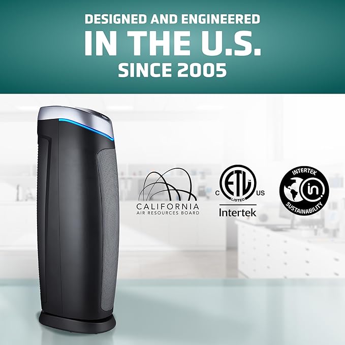 GermGuardian 5-In-1 HEPA Air Purifier for Home, Large Rooms Up To 915 Sq. Ft. with HEPA Pet Air Filter, UV-C Light & Odor Reduction, AC5250PT, 28" Tower, Gray