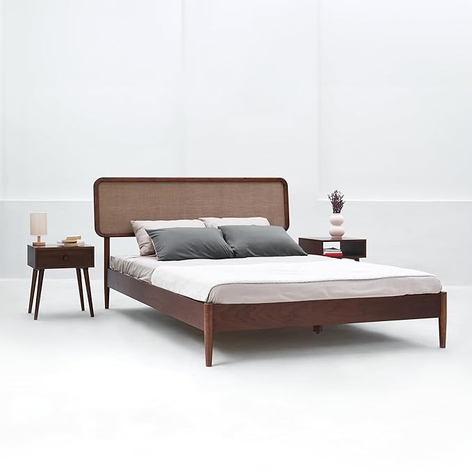 NTC Lupin Wooden Bed Frame with Headboard, Crafted from Walnut, Rubber Wood with Silent Slats and Wood Central Supports, 1000 Lb Capacity, Effortless Assembly, Queen - Dark Walnut