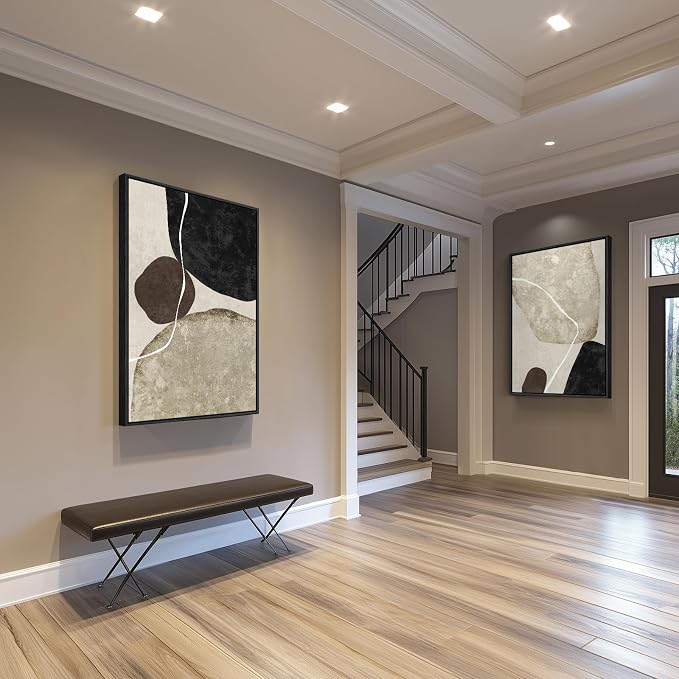 Large Framed Neutral Black Brown Abstract Wall Art - Image 2