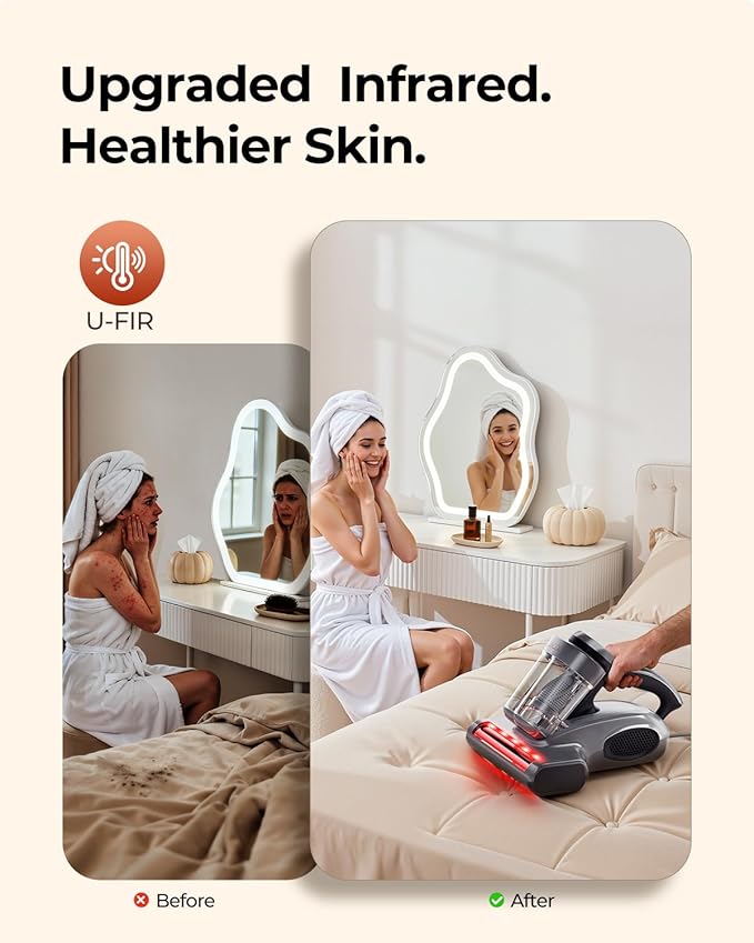 JIGOO J300 Pro Matture Vacuum Cleaner with 14Kpa 550W Powerful Suction, Infrared, UV & Heating Tech for Deep Cleaning, Anti-Allergen Bed Vacuum with Dust Sensor & Plant Fragrance for Bed, Sofa, Crib.