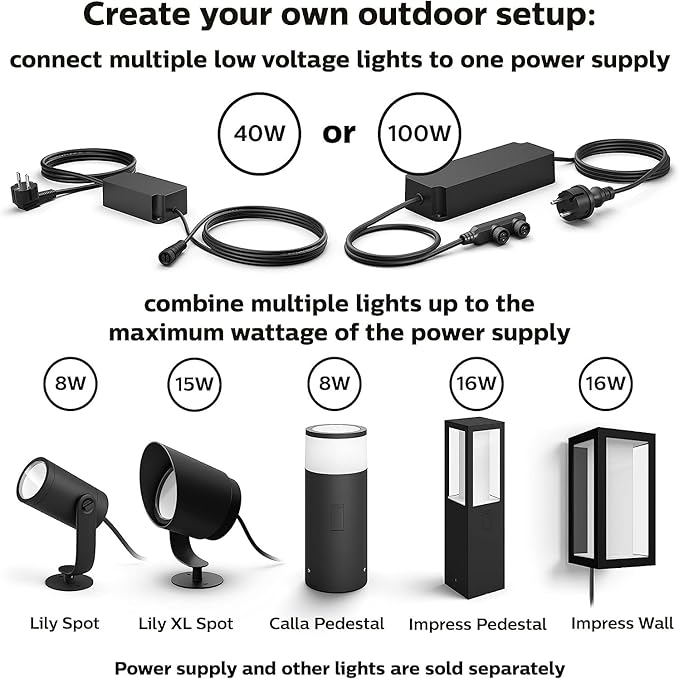 Philips Hue Outdoor 40W Power Supply, Black - Connect Multiple Hue Outdoor Low Voltage Lights up to Total of 40W - 1 Pack - Requires Hue Bridge - Weatherproof