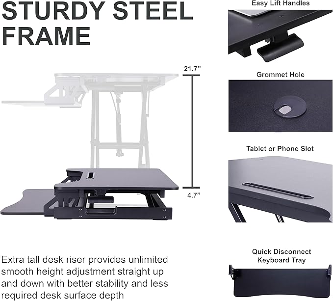 Rocelco 43" Height Adjustable Standing Desk Converter with Dual Monitor Arm Mount - Tall Stand Up Tabletop Riser and Tablet Slot - Computer Workstation - Deep Keyboard Tray - Black (R VADRB-43-DM2)