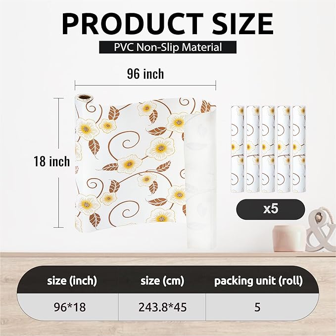 RAY STAR 18X96 Inch Shelf Liner for Kitchen Cabinets, Non-Adhesive Cabinet Liner Washable, PVC Drawer Liner for Dresser Non-Slip Bathroom (Yellow Flower)(5 Roll)