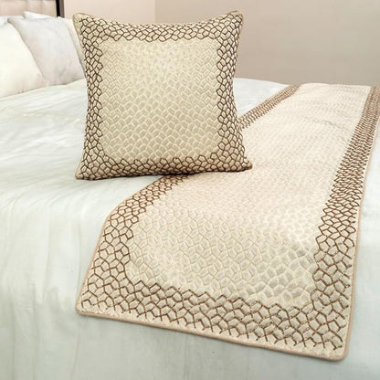 The HomeCentric King/Queen/Twin Ivory & Gold Decorative Twin 53"x18" Bed Runner with Pillow Cover, Mosaic & Beaded Bed Scarf on Jacquard Fabric - Tessellation