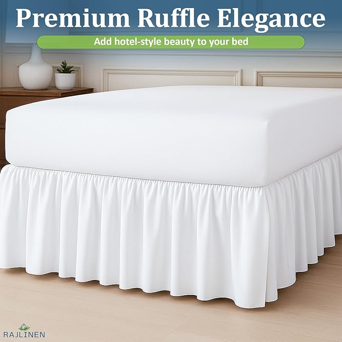Rajlinen Ruffled Bed Skirt Queen, 14 Inch Drop Dust Ruffle with Split Corners, 100% Microfiber Bedskirt with Platform, Three-Sided Coverage Ruffled Gathering Design, White