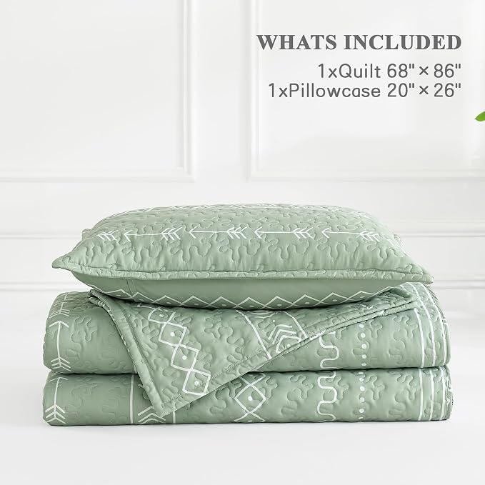 Sage Green Twin Quilt Set, 2 Pieces Boho Striped Bedspread | Soft Sage Green - Image 8