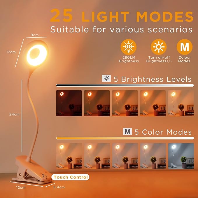 Akynite Clip on Light LED Desk Lamp 5 Brightness+5 Colors Rechargeable Lamp | - Image 2