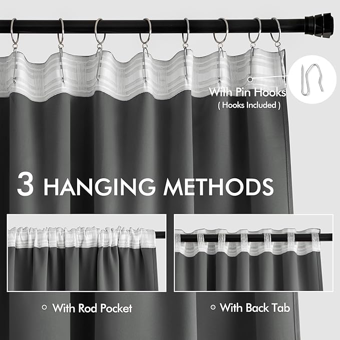 MIULEE Grey Back Tab Blackout Curtains 52x90 Inch Long 2 Panels Set | Rod - Image 3