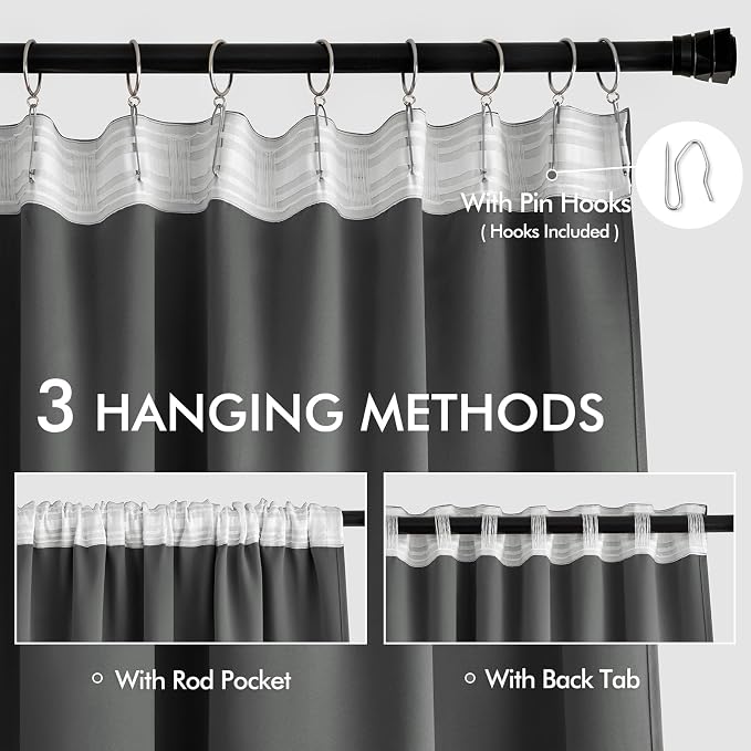 MIULEE Grey Back Tab Blackout Curtains 52x72 Inches Long 2 Panels Set | Rod - Image 3