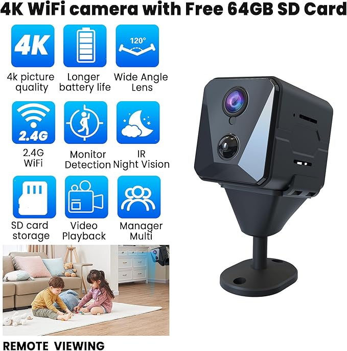 Funstorm 4K Security Camera with 64GB SD Card, Battery Powered Security Cam, 100-Day Standby, AI Human Detection, Night Vision, Real-Time Alert, Baby Monitor, Pet Cam for Home or Office