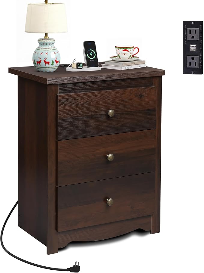 WLIVE Tall Nightstand with Charging Station, Wood Night Stand with 3 Drawers - Image 9