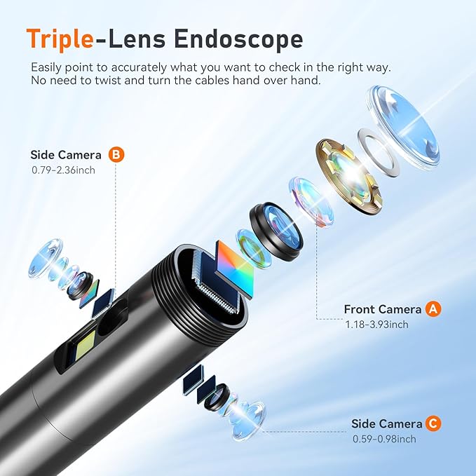 50FT Triple Lens 5" IPS Borescope Inspection Camera, Ginocaco 1080P Digital Video Endoscope with Light, Waterproof Scope Camera with Semi-Rigid Cable, Drain Pipe Tool, Carrying Case, 32G Card